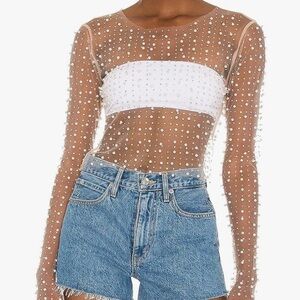 Sheer Pearl and Gem Embellished Off White Top